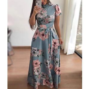 Vestido Largo de Verano para <span class=keywords><strong>Mujer</strong></span> 2026, Manga Larga/Corta, Estampado Floral, Cuello Alto, <span class=keywords><strong>Cinturón</strong></span>, Elegante, Casual, Tallas Grandes - Product Image 5