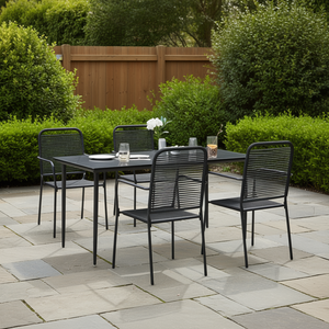 Ensemble de salle à manger de jardin en corde de coton noir avec structure métallique, empilable, 4 places, mobilier d'extérieur au design contemporain - Product Image 2