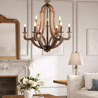 Lustre en bois vieilli de style français, rustique, à LED, avec bougies, installation facile, garantie de 2 ans, pour salon