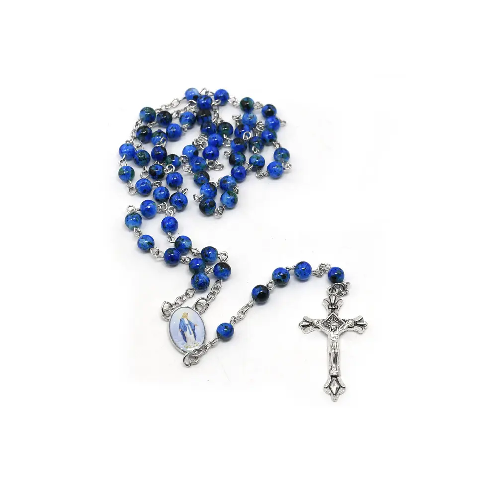 6mm safira listra azul Rosário Colar de contas de oração Jóias de batismo do vintage Presente da Eucaristia