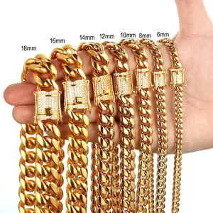 6-18mm Width 18K Gold Plated Stainless Steel Iced Out Zircon Buckle Cuban Chain Necklace Miami Cuban Link Chain Necklaces
