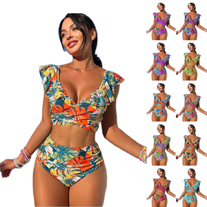 S068 Maillot de bain sexy européen pour femme, imprimé floral, dos nu à volants, ensemble bikini 2 pièces en Spandex/Polyester avec imprimé numérique - Product Image 1