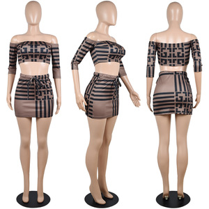 2022 Mùa Hè Ngắn Hai Mảnh Thiết Lập Phụ Nữ Quần Áo In Dài Tay Áo <span class=keywords><strong>Crop</strong></span> Top Bodycon Dresses Sexy Ngắn Mini Váy - Product Image 4