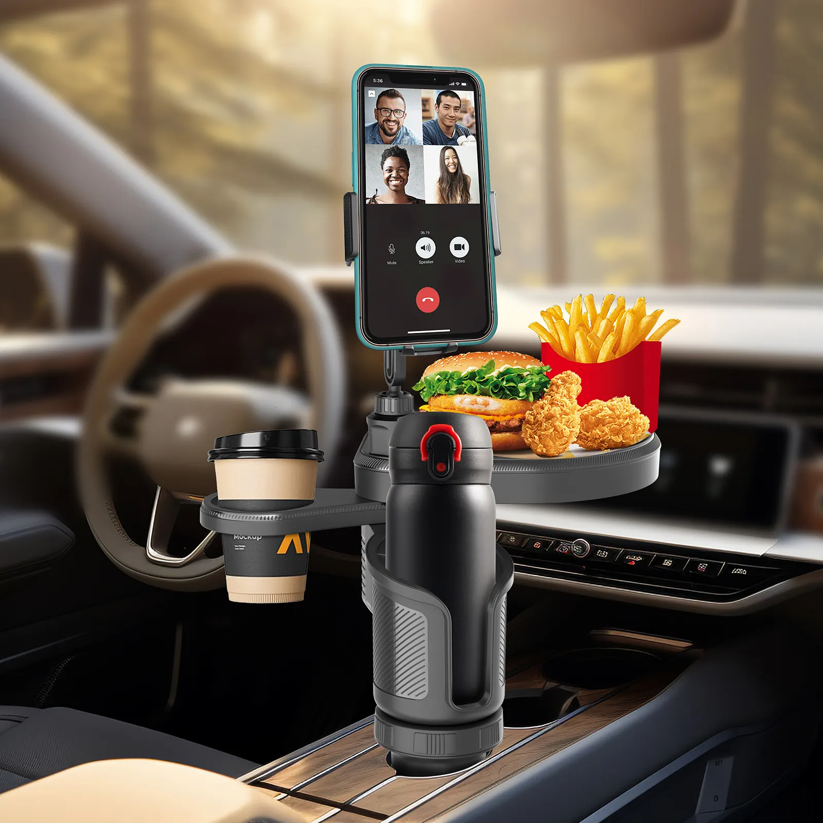 Car Cup Holder Tray  Adjustable Car Food Tray Holder Mount for Eating Drinking with Phone Slot  Swivel Arm and Cup Holder