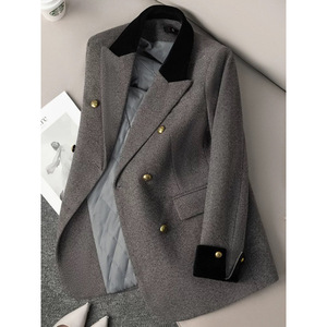 Gray Herringbone Wool Blazer Women's Thick Warm Autumn Winter Coat With Fur Collar Loose Fit Elegant Retro Style - Product Image 3