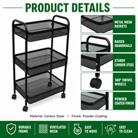 Chariot utilitaire à 3 niveaux avec poignée et roulettes, chariot de rangement multifonctionnel en métal grillagé avec boîtes latérales