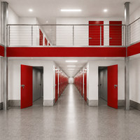 Unité de stockage à deux étages avec mezzanine, porte rouge, garde-corps métallique, mur blanc en acier