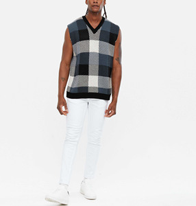 Wholesale OEM&amp;DOM Custom <strong>Men</strong> Sleeveless <strong>v</strong> <strong>Neck</strong> Color Block Knit Top <strong>Black</strong> Check Fine Knit <strong>Jumper</strong> Vest - Product Image 2