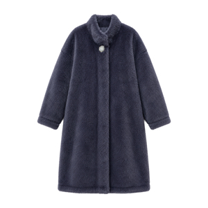 Manteau long femme bleu poussière en fausse fourrure de vison, col montant, bouton fleur en strass, coupe ample, longueur maxi, vêtement d'extérieur de luxe pour l'hiver, accepte les petites quantités (MOQ) - Product Image 4