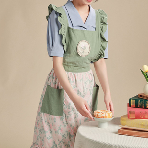 DUOLAI Vintage Floral dos bolsillos uso doméstico hornear algodón Lino <span class=keywords><strong>falda</strong></span> espalda cruzada mujeres delantales Vintage diseño Floral impresión - Product Image 6