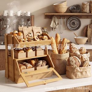 Wooden Bread Box Double Layer Storage Rack 16inch <b>Kitchen</b> Desktop Organizer For Food And Sundries - Product Image 2