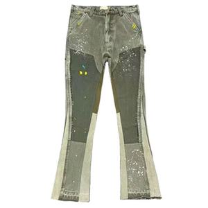 Jeans de Mezclilla para Hombre de Alta Calidad, Estilo Vintage, Paneles en Contraste de Color, Dobladillo Desgastado, Corte Acampanado, Tipo Carpintero - Product Image 3