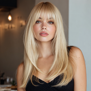 Peluca Afro Popular de Moda 360 con <span class=keywords><strong>Flequillo</strong></span> Completo, Peluca Larga y Lisa de Seda Resistente al Calor, Color Marrón, SM7828 - Product Image 1