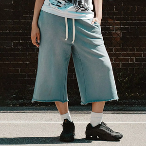 Custom Acid Washed French Terry <b>Shorts</b> Distressed Drawstring Baggy <b>3</b>/<b>4</b> Long Sweat <b>Shorts</b> - Product Image 2