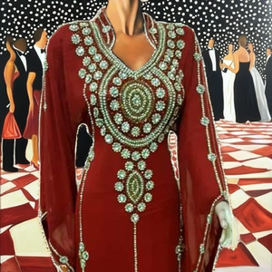 Dubai Farasha Beautiful <b>Red</b> Georget Muslim Traditional Moroccan Design Dress with Stone Beads Hand Work 2022 - Product Image 2