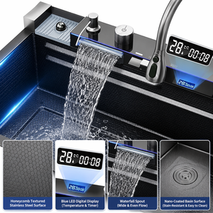 Lavello da <span class=keywords><strong>Cucina</strong></span> Nero con <span class=keywords><strong>Design</strong></span> Nano Whale, in Acciaio Inox 304, Fatto a Mano, Grande Vasca Singola con Cascata a Nido d'Ape - Product Image 4