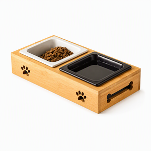 Support surélevé en bambou pour animaux de compagnie avec double gamelle en céramique 35x21x11cm, motif patte, pour chiens et chats, vente en gros - Product Image 1