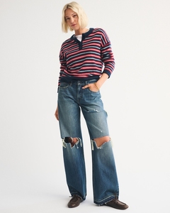 Jeans Anchos Rasgados de Color Azul Oscuro para Mujer, Personalizados por Leduo, Pantalones de Mezclilla Desgastados de Cintura Alta - Product Image 1