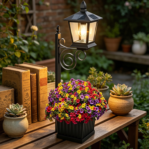 Lámpara Solar TSINYE con Maceta <span class=keywords><strong>Negra</strong></span>, Lámpara <span class=keywords><strong>de</strong></span> Poste Solar 2 en 1 con Maceta para Exteriores, Resistente al Agua para Porche y Jardín - Product Image 1