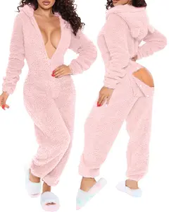 Groothandel Zachte Huiskleding Dames Pyjama Onesie Sexy V-Hals Kont Flap Jumpsuits Rompertjes Bodycon Bodysuits Winter Warm Nachtkleding