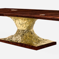 Ensemble de table à manger de luxe avec base en cuivre et laiton doré, plateau en bois de qualité supérieure, mobilier de salle à manger moderne pour projet de villa