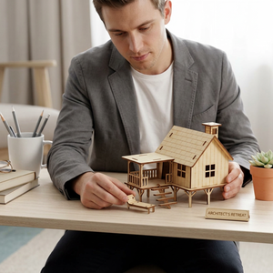 ชุดงานฝีมือทำบ้านไม้ DIY พร้อมระเบียงและบันไดสำหรับตกแต่งโต๊ะทำงาน - Product Image 1