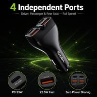 Adaptador de Corriente para Auto con Doble USB C PD 33W y USB A 22.5W, con LED Verde y 4 Puertos, Cargador Rápido para Viajes Familiares y SUVs, con Logotipo Personalizado de Fábrica