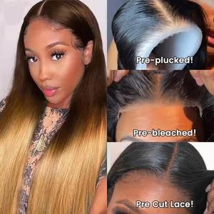 Pelucas de Cabello Humano Real Liso y Sedoso, Pre-Desplumadas, Ombre Rubio Marrón, Largas y Rectas, Sin Pegamento, 360 Full HD Lace Frontal, para Mujeres Negras - Product Image 5