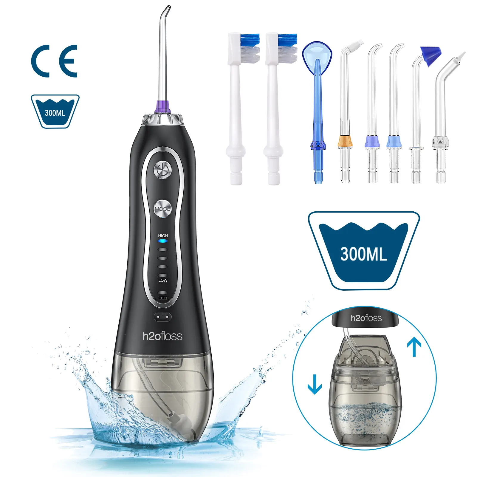 H2ofloss Portable Électrique Water Flosser 5 Modes 8 Jets Irrigateur Oral Ultrasonique Sans Fil Prêt Stock Fil Dentaire Nettoyage