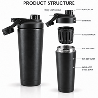 Bouteille shaker isotherme 650 ml, entièrement en acier inoxydable 304 (intérieur et extérieur), avec panier mélangeur et passoire, shaker à protéines sous vide