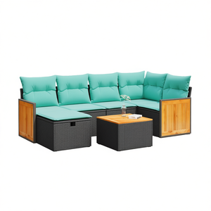 Ensemble de canapés de patio en polyrotin noir avec coussins, 7 pièces, mobilier d'extérieur élégant, sièges modulaires - Product Image 1