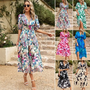 <span class=keywords><strong>Elegante</strong></span> Abito <span class=keywords><strong>Midi</strong></span> Estivo in Chiffon da Donna, Scollo a V, Floreale, Slim Fit, Linea ad A, Traspirante, Antipiega, Vita Naturale, Ispirazione Europea - Product Image 2