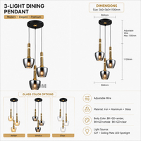 Suspension moderne à 3 lumières en verre fumé, cadre or et noir, cordon réglable, LED, pour îlot de cuisine, table à manger, restaurant