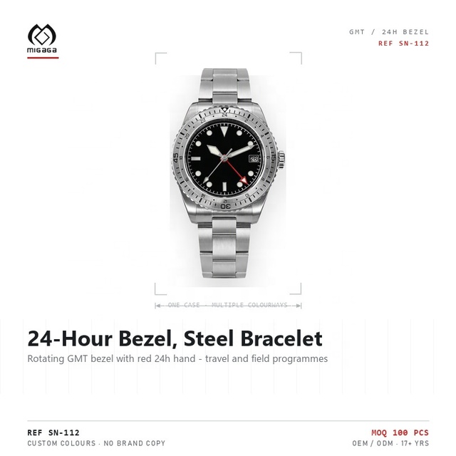 Custom Mechanical GMT Watch NH34 Movement Dual Time Zone Sapphire Crystal Ceramic Bezel Luminous Hands Surgical Steel Case Watch