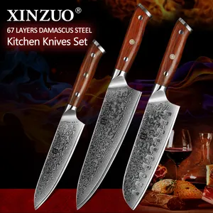 3pcs Kitchen knives Japanese high carbon Damascus stainless steel kitchen chef knife set with rosewood handle