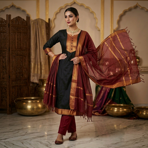 Black And Maroon Cotton <b>Kurta</b> Set With Zari Work Dupatta For <b>Women</b> Traditional Indian Wear Regular Fit Kurti Set for <b>Womens</b> - Product Image 1