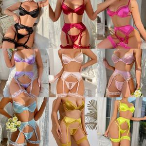 Lencería Sexy para Mujer de Fábrica, Conjunto de Lencería con Bordado Floral, Malla Transparente, Sujetador de Encaje y Bragas - Product Image 3