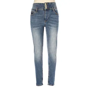 Best Selling Promotional Lady Fashion Button Fly Denim Skinny Slim Trousers Women High Waisted Jeans