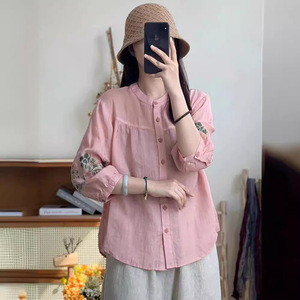 Chinese Style Embroidered Shirt Women Linen Three Quarter Sleeve Loose Fit Everyday Wear Green - Product Image 3