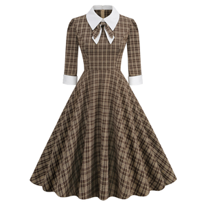 Women <b>Dresses</b> Wholesale Vintage Style Summer Autumn Plaid Print Knee-Length Bow Office Party <b>Rockabilly</b> Swing Retro <b>Plus</b> <b>Size</b> - Product Image 1
