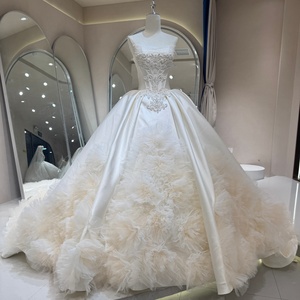 Dw0236 Stunning Strapless Beaded Corset Split Satin Front Feathery Ruffle <b>Tulle</b> Ball Gown Wedding Dress Jancember - Product Image 1