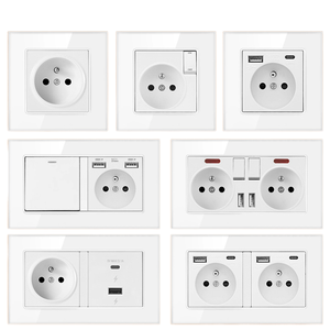 Prise murale encastrée standard française en acier inoxydable avec double USB Type-C et finition blanche en verre - Product Image 1