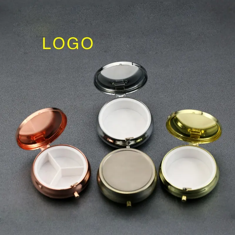 Маленький золотой круглый металлический контейнер для таблеток из нержавеющей стали и цинкового сплава