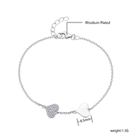 Pulsera de Plata de Ley 925 con Dos Corazones, Circonita Cúbica Pavé, Dije de Corazón Liso, Cadena de Cable Ajustable, Joyería para Mujer