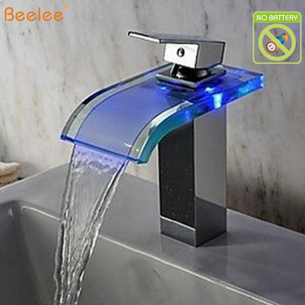 Waterfall Basin Mixer Tap Led 3 Colors Chrome Waterfall Bathroom Faucet Brass And Glass Basin Faucet For Wash Basin