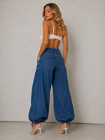Jean d'été vintage déstructuré taille haute en denim, coupe large ballon, avec coutures asymétriques, ample et extensible, style lanterne tricoté
