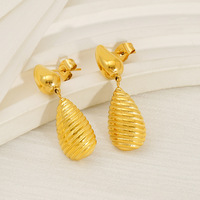 Boucles d'oreilles pendantes en forme de goutte d'eau côtelées en acier inoxydable 304 plaqué or 18 carats par placage sous vide, 32x10mm, texture poire, bijoux modernes en or pour femmes