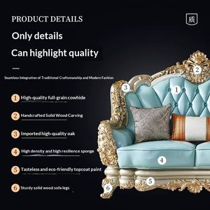 طقم أريكة جلدية أوروبية 124 قطعة، أريكة فاخرة بلون الشمبانيا مع رقائق ذهبية وخشب صلب لغرفة المعيشة - Product Image 3