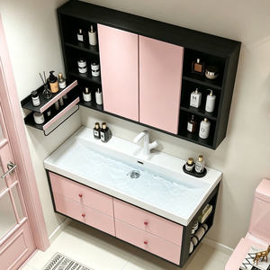 Mueble de Baño Moderno de Mediados de Siglo, Estilo <span class=keywords><strong>Bauhaus</strong></span>, con Espejo Pintado en Cerámica, Paneles Laterales Negros y Rosas, Gabinete de Almacenamiento - Product Image 4
