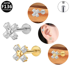 <b>Titanium</b> Ear Studs Flower Cross Design Prong Set Crystal Studs For Daily Wear ASTM F136 <b>Titanium</b> Alloy Piercing Jewelry - Product Image 3